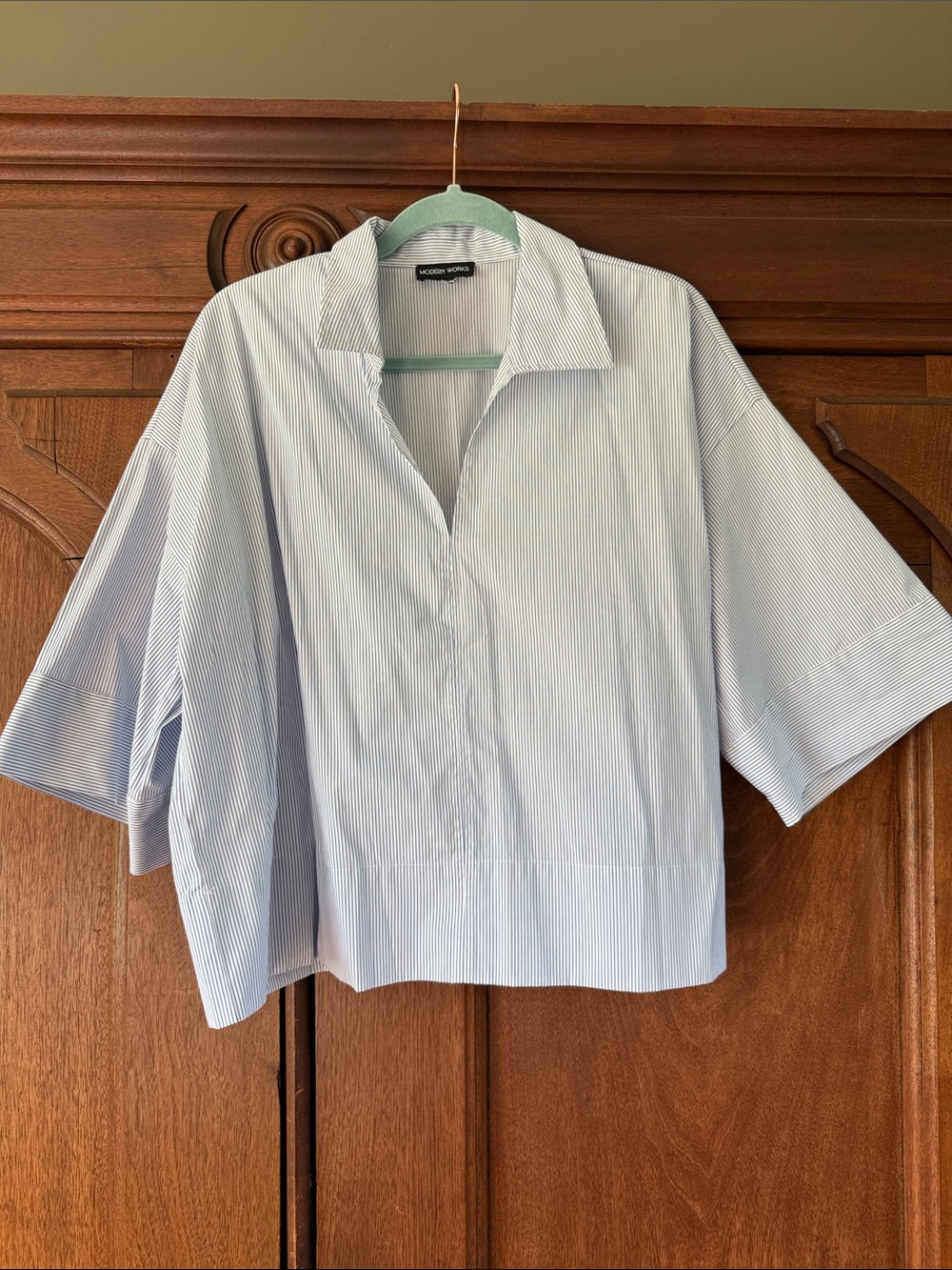 Modern Works Women's Light Blue Pinstripe Boxy Shirt